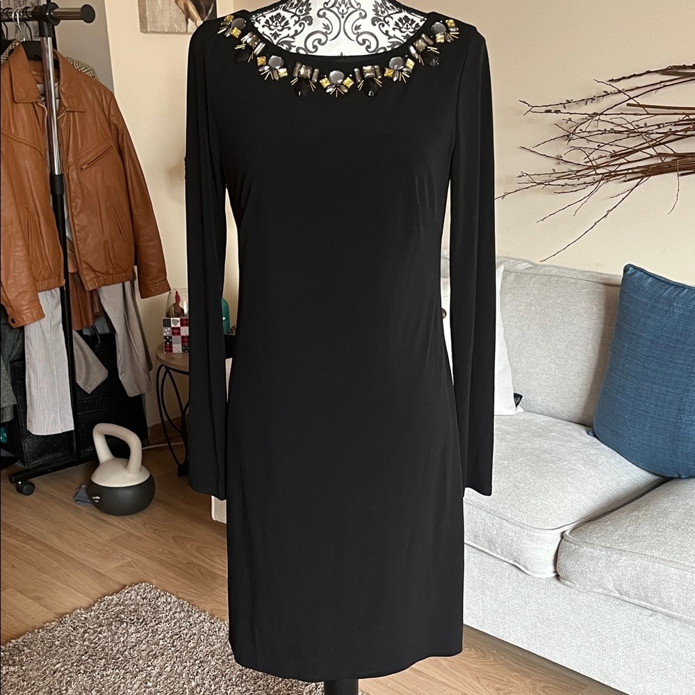 Vince Camuto Black Dress with Gold Floral Accents